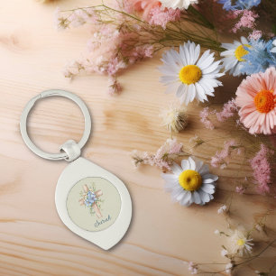 Waterverf Blauw Bloemenkruis gepersonaliseerd Sleutelhanger