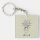 Waterverf Blauw Bloemenkruis gepersonaliseerd Sleutelhanger (Voorkant)