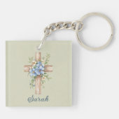 Waterverf Blauw Bloemenkruis gepersonaliseerd Sleutelhanger (Achterkant)