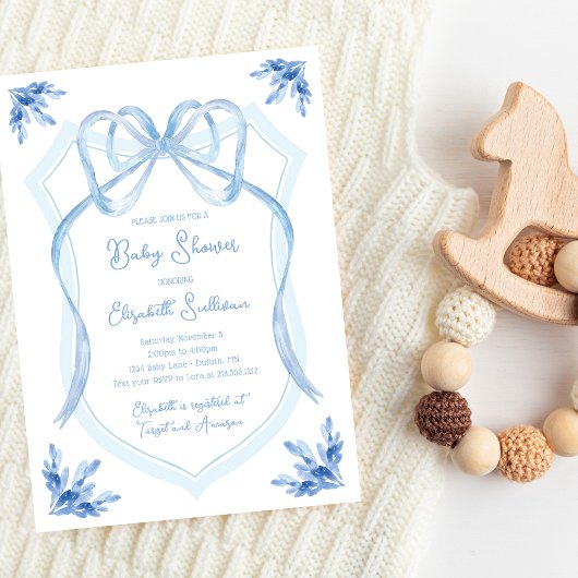 Waterverf Blauw Bloemenlint Crest Baby shower Kaart