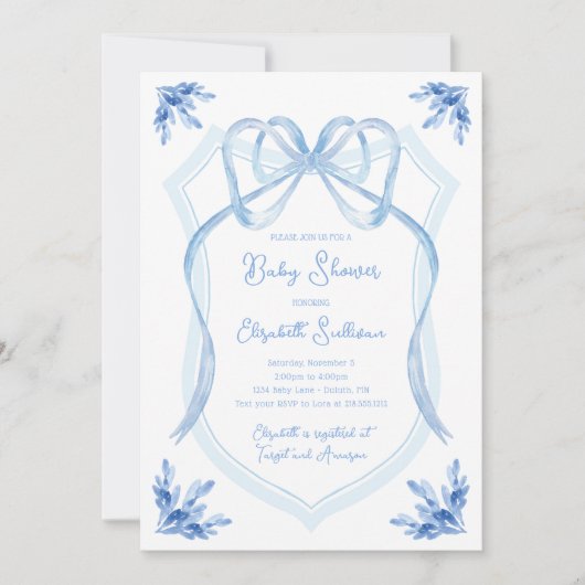 Waterverf Blauw Bloemenlint Crest Baby shower Kaart (Voorkant)