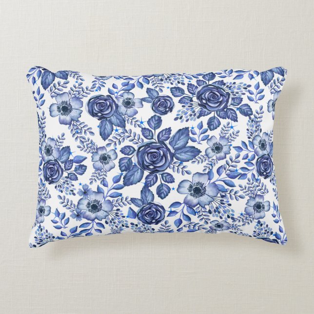 Waterverf Blauw Bloemenpatroon Accent Kussen (Voorkant)
