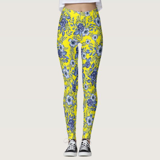 Waterverf Blauw Bloemenpatroon B Geel BG Leggings (Voorkant)
