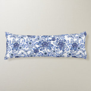 Waterverf Blauw Bloemenpatroon Lichaamskussen