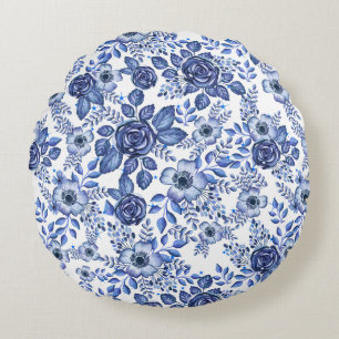 Waterverf Blauw Bloemenpatroon Rond Kussen