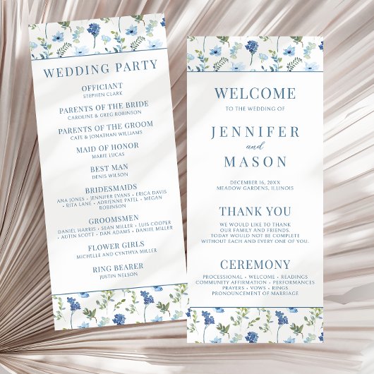 Waterverf blauw bloemenrustiek trouwprogramma