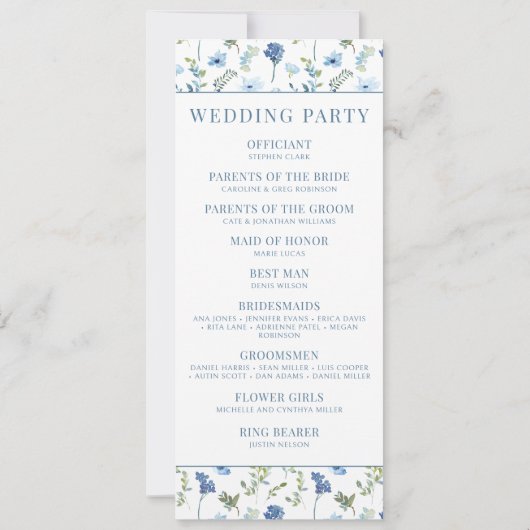 Waterverf blauw bloemenrustiek trouwprogramma (Achterkant)