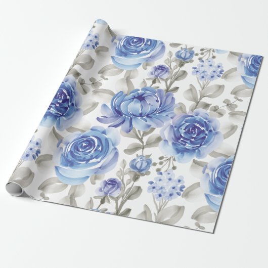  waterverf blauw bloemmotief cadeaupapier (Uitgerold)