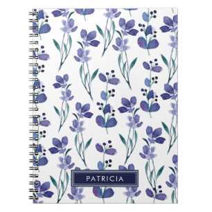 Waterverf Blauw Bloemmotief Persoonlijk Notitieboek