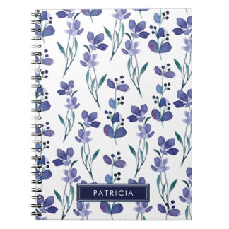 Waterverf Blauw Bloemmotief Persoonlijk Notitieboek