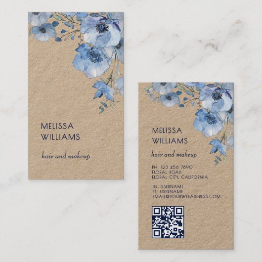 Waterverf Blauw Bloemmotief | Qr Code Rustiek Visitekaartje (Voorkant / Achterkant)