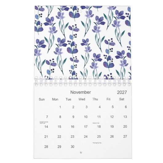 Waterverf Blauw Bloempatroon 2026 Kalender (Nov 2027)