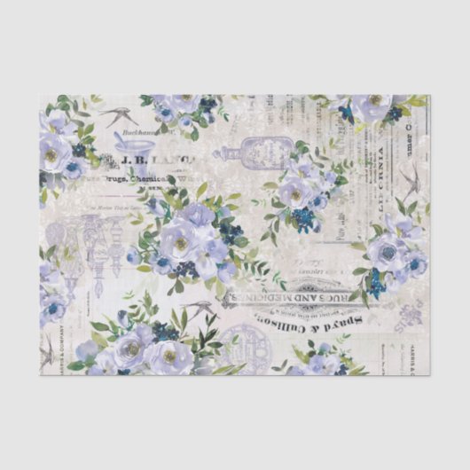Waterverf Blauw Bloempatroon Collage Tissuepapier (Voorkant)