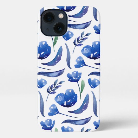 Waterverf blauw bloempatroon. Navy bloemen iPhone Hoesje (Achterkant)