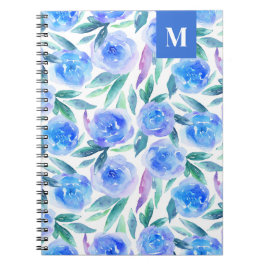 Waterverf blauw bloempatroon. Tuinbloemen Notitieboek