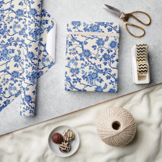 Waterverf blauw bloempje Chinoiserie lentetuin Cadeaupapier (Crafts)