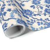 Waterverf blauw bloempje Chinoiserie lentetuin Cadeaupapier (Rol Hoek)