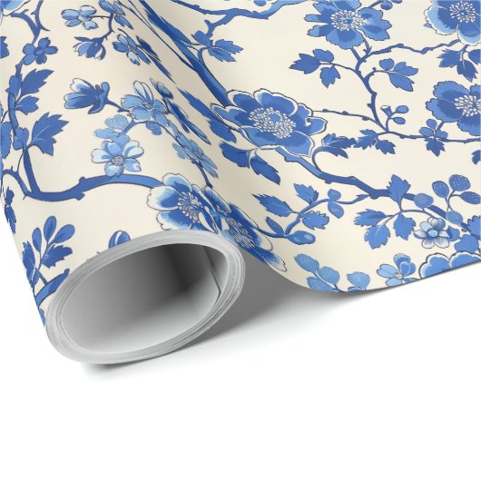 Waterverf blauw bloempje Chinoiserie lentetuin Cadeaupapier (Rol Hoek)