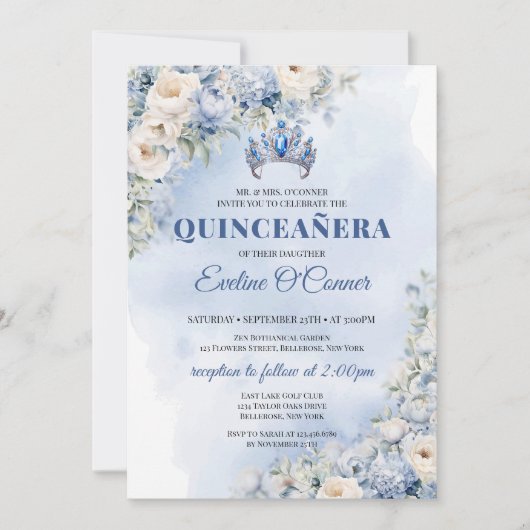 Waterverf blauw bloempje eucalyptus quinceañera kaart (Voorkant)