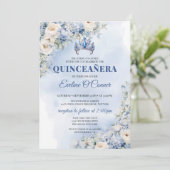 Waterverf blauw bloempje eucalyptus quinceañera kaart (Staand voorkant)