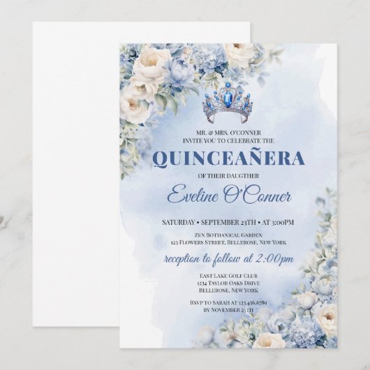 Waterverf blauw bloempje eucalyptus quinceañera kaart (Voorkant / Achterkant)