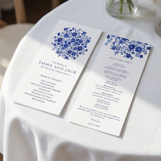Waterverf Blauw Boeket Huwelijksvolgorde Ceremonie Programmakaart
