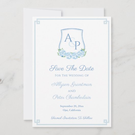 Waterverf Blauw Botanisch Monogram Huwelijks Wapen Save The Date (Voorkant)