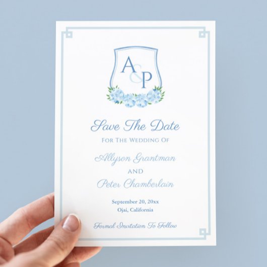 Waterverf Blauw Botanisch Monogram Huwelijks Wapen Save The Date