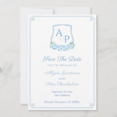 Waterverf Blauw Botanisch Monogram Trouwkam Save The Date (Voorkant)
