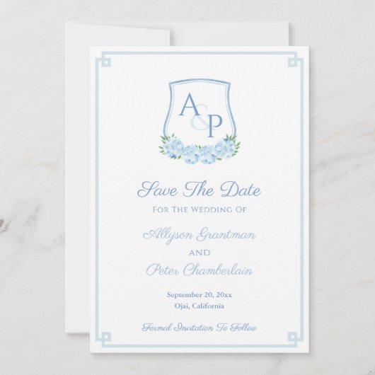Waterverf Blauw Botanisch Monogram Trouwkam Save The Date (Voorkant)