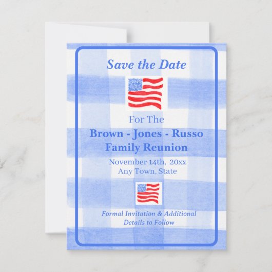 Waterverf Blauw Check USA Vlag SAVE THE DATE (Voorkant)