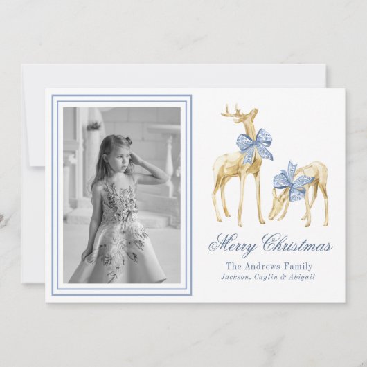 Waterverf Blauw Chinoiserie Rendieren Foto Feestdagenkaart (Voorkant)