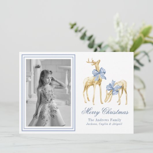 Waterverf Blauw Chinoiserie Rendieren Foto Feestdagenkaart (Staand voorkant)