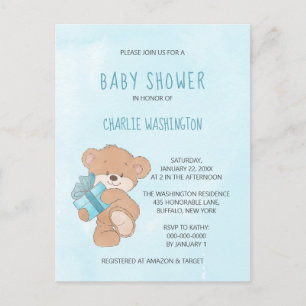 Waterverf Blauw Eenvoudig Teddybeer Baby shower Briefkaart