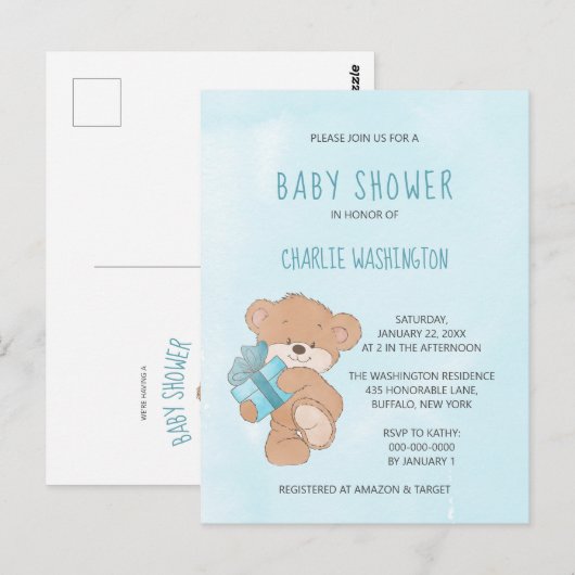 Waterverf Blauw Eenvoudig Teddybeer Baby shower Briefkaart (Voorkant / Achterkant)
