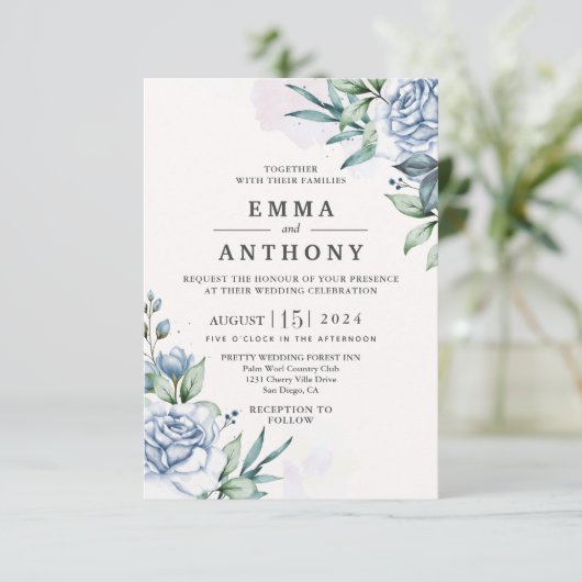 Waterverf Blauw Elegant Bloem Bruiloft Uitnodiging (Staand voorkant)