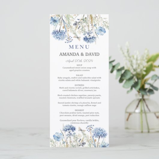 Waterverf Blauw Elegant Bloemen Bruiloft Menu (Staand voorkant)
