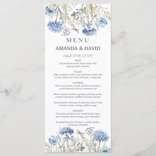 Waterverf Blauw Elegant Bloemen Bruiloft Menu (Voorkant)