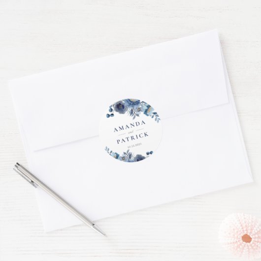 Waterverf Blauw Elegant Huwelijksenvelop Afdichtin Ronde Sticker (Envelop)