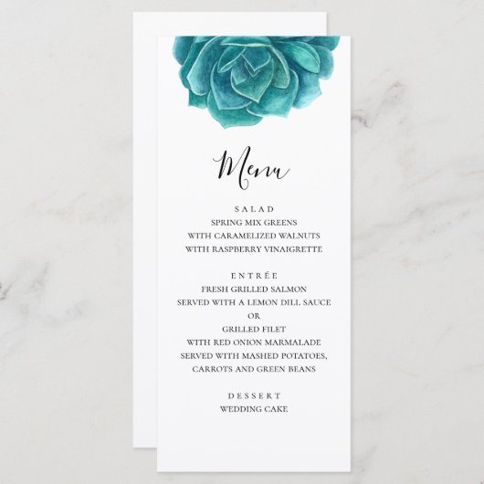 Waterverf blauw en blauwgroen succulent. Huwelijks Menu (Voorkant / Achterkant)