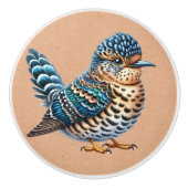 Waterverf Blauw en Bruin Gespikkelde Vogel op Brui Keramische Knop (Voorkant)