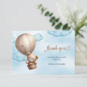 Waterverf blauw en bruin teddybeer ballon bedankkaart (Staand voorkant)