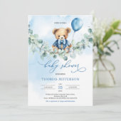 Waterverf blauw en bruin teddybeer met ballon kaart (Staand voorkant)