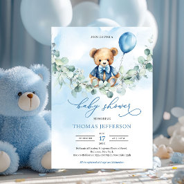 Waterverf blauw en bruin teddybeer met ballon kaart