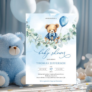 Waterverf blauw en bruin teddybeer met ballon kaart