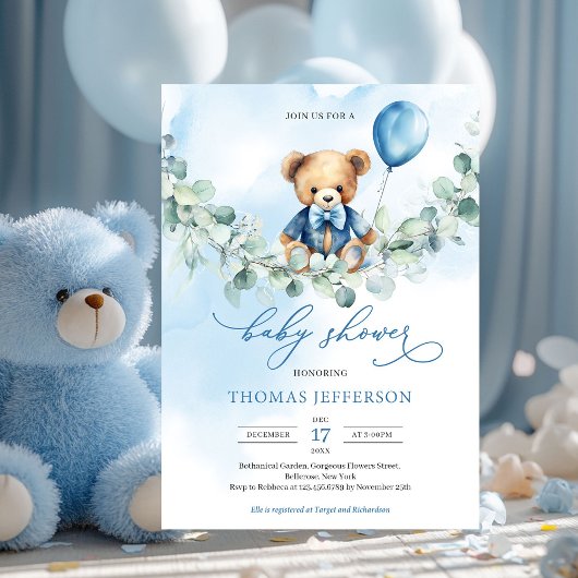 Waterverf blauw en bruin teddybeer met ballon kaart