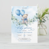 Waterverf blauw en bruin teddybeer met ballonnen kaart (Staand voorkant)