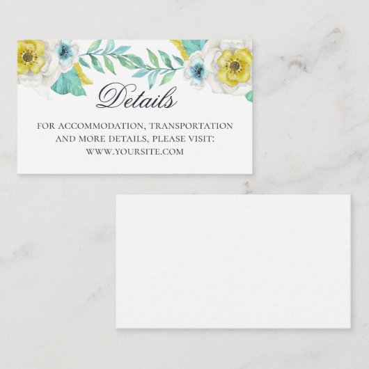 Waterverf blauw en geel bloemen bruiloft details informatiekaartje (Voorkant / Achterkant)