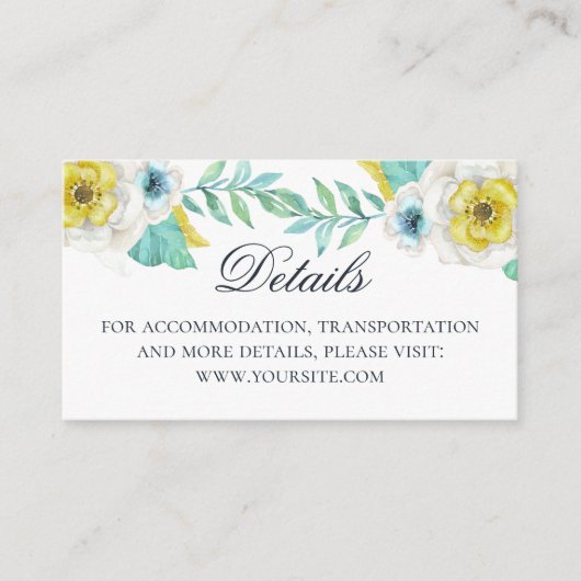 Waterverf blauw en geel bloemen bruiloft details informatiekaartje (Voorkant)