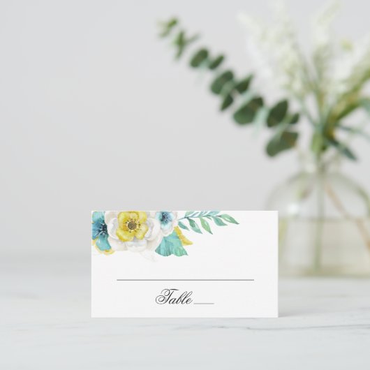 Waterverf blauw en geel. Bloemenbruiloft Plaatskaartje (Staand voorkant)